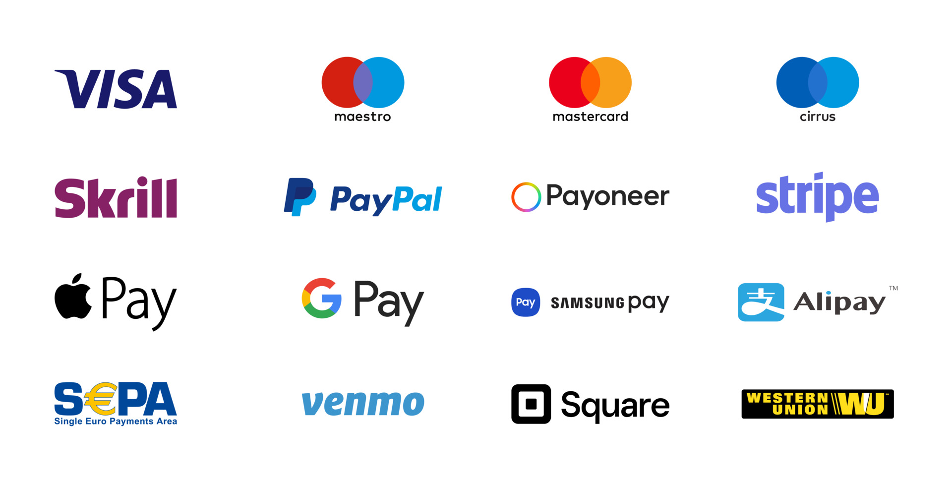 Accepted payment methods — Visa, Mastercard, PayPal, Stripe, Apple Pay, Google Pay and more